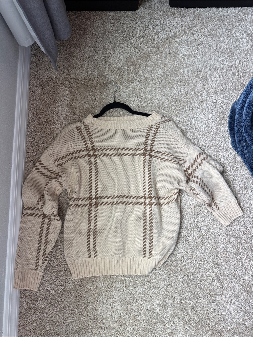 SHEIN Cream Crewneck Sweater with Brown Plaid